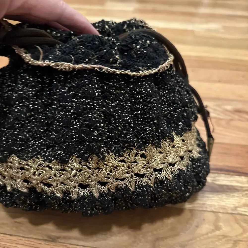 Vintage Black and Gold Metallic Draw String Evening Bag Clutch Purse DAMAGES
